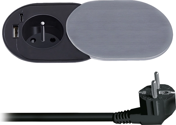 Toma empotrable Solight 230 V con USB-A y USB-C PD 20 W con tapa deslizante, 2 m, plateada