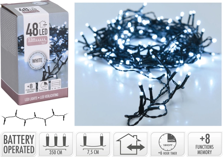 Guirnalda LED navideña 3,5 m, blanco frío, 48 LED, 8 funciones con temporizador