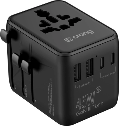 Adaptador de viaje universal con GaN III 45 W (UK/EU/US/AU), negro - 1 unidad