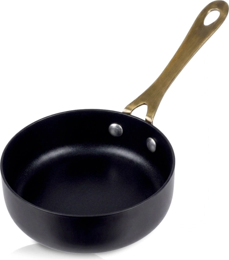 Sartén de servicio negra de acero inoxidable con mango dorado 180 ml