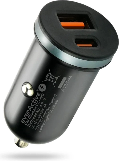 Cargador de coche everActive CC-30Q 35 W con USB-A QC 3.0 y USB‑C PD, negro