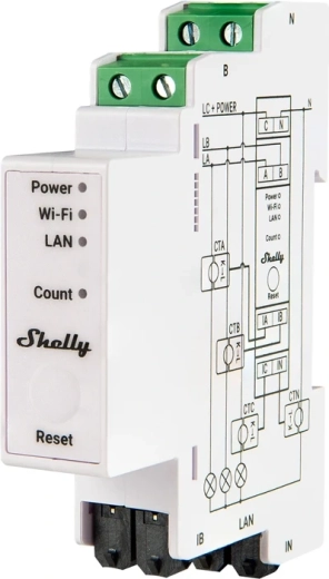Shelly Pro 3EM Matter medidor eléctrico trifásico 120 A para carril DIN