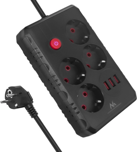 Regleta alargadora con protección contra sobretensiones MACLEAN MCE392, 4 tomas y 3× USB, 1,5 m, negra