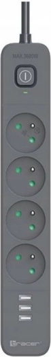 Protector contra sobretensiones TRACER Power Line+ mobile ready 1,5 m (4 tomas + 3x USB A, 5V 2,4A)