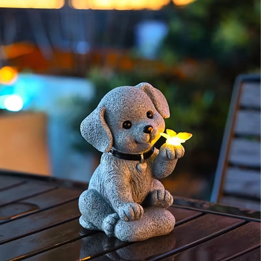 Lámpara solar de jardín perro con mariposa LED decorativa
