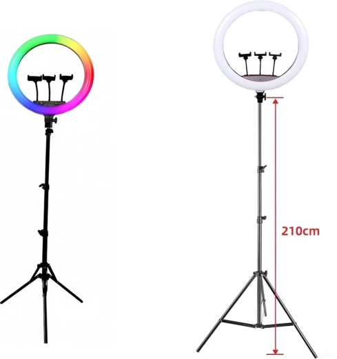 Luz de anillo LED RGB en trípode con 3 soportes para teléfono (45 cm)