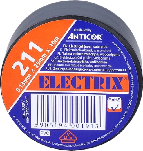 Cinta aislante Solight 25 mm × 0,13 mm × 10 m, negra