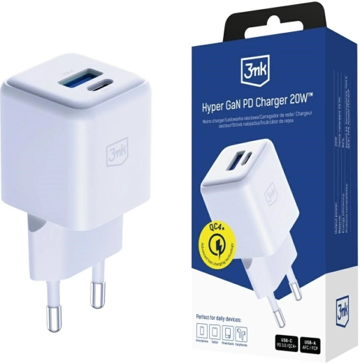 Cargador de red 3mk Hyper GaN 20 W USB-A y USB-C blanco