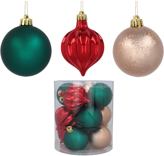Juego de adornos navideños de 6 cm – 12 uds. en verde, dorado y rojo
