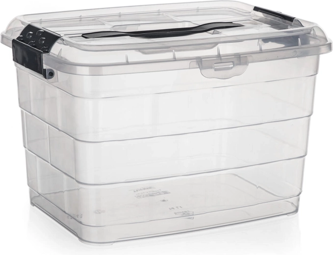 Caja de almacenamiento con tapa y asa 14 l VILARD – transparente con clips ahumados