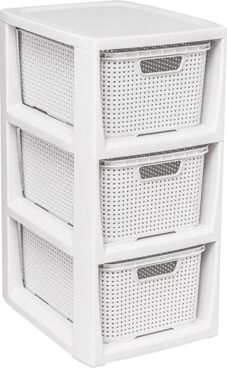 Estantería blanca con diseño de ratán y 3 cajones