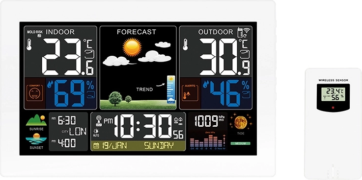 Meteoestación Solight con pantalla LCD en color extra grande, medición de temperatura, humedad y presión, RCC y carga USB, blanca