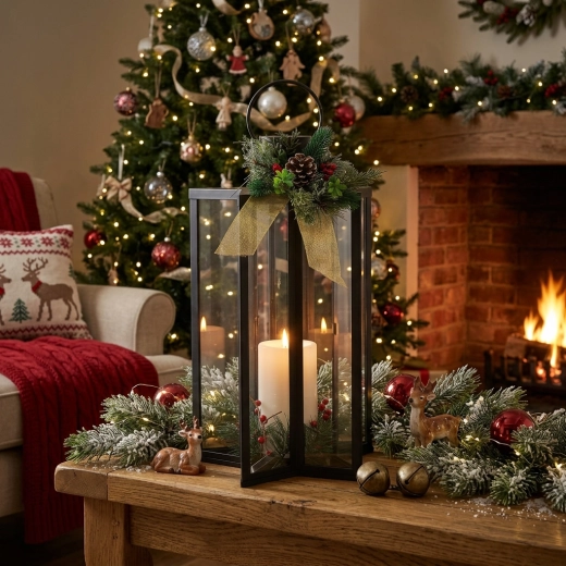 Farolillo LED negro con vela en forma de estrella