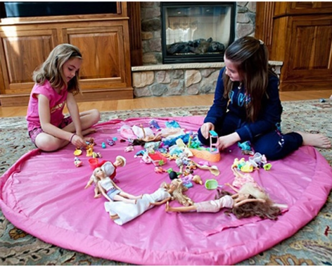 Alfombra de juego infantil y saco para juguetes rosa