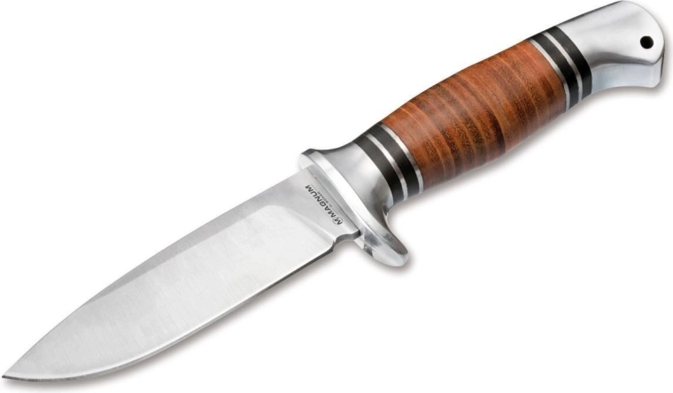 Cuchillo de caza fijo Magnum Leatherneck Hunter 11,2 cm, satinado, empuñadura de cuero, funda de nailon