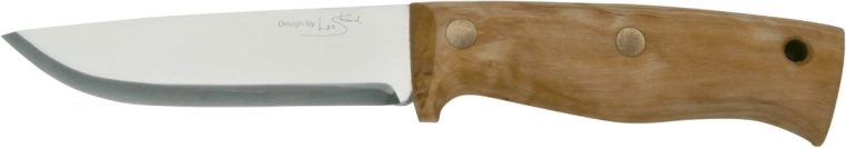 Cuchillo bushcraft Helle Temagami 14C28N con empuñadura de madera y funda de cuero