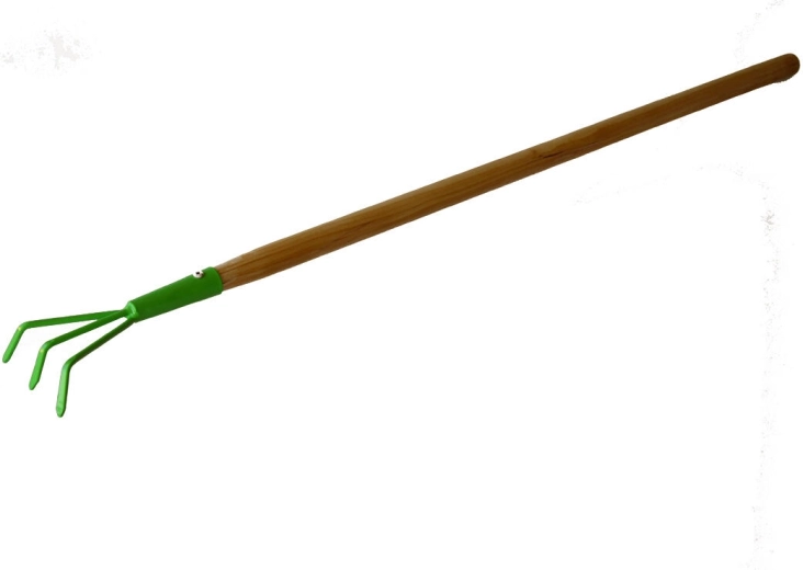 Rastrillo de jardín infantil de tres púas con mango de madera de 75 cm