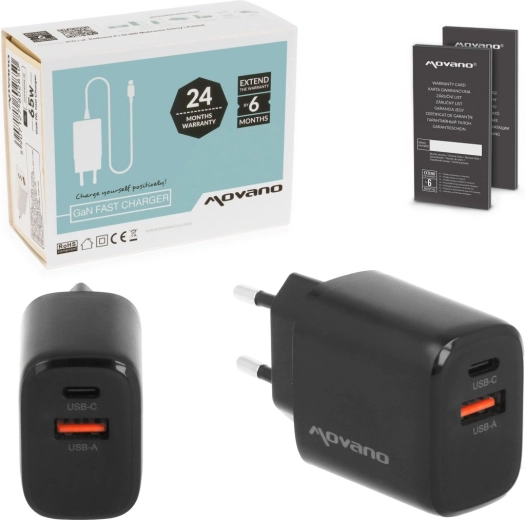 Cargador de red Movano GaN 20 W USB-C PD + USB-A negro