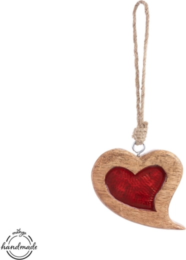 Decoración colgante roja de madera de mango con forma de corazón