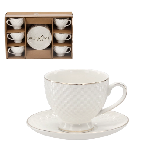 Juego de 6 tazas con relieve y platillos 250 ml con franja decorativa dorada
