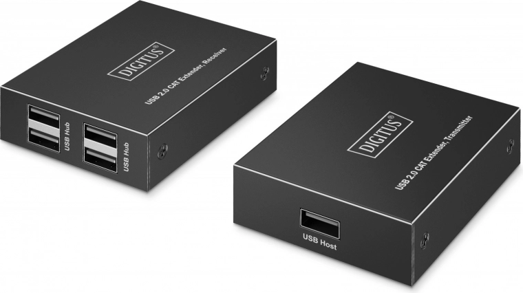 Extensor USB 2.0 a través de cable CAT 6 hasta 150 m, 4× USB‑A, 1× RJ45 Gigabit Ethernet – kit transmisor/receptor