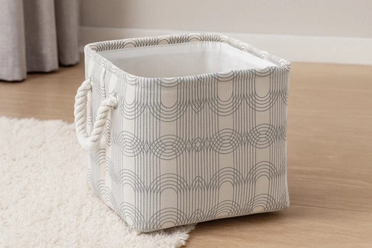 Cesta textil cuadrada plegable con asas de cuerda, patrón geométrico, 22 × 22 × 20 cm