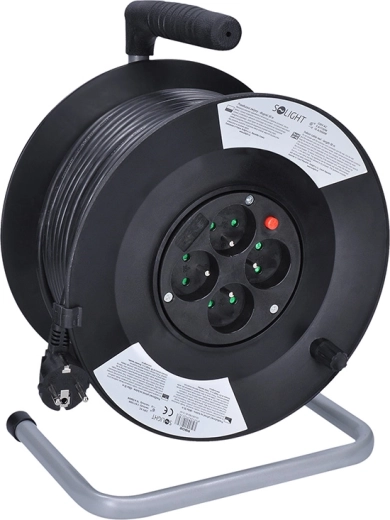 Alargador eléctrico Solight en carrete con 4 tomas, 50 m, cable negro