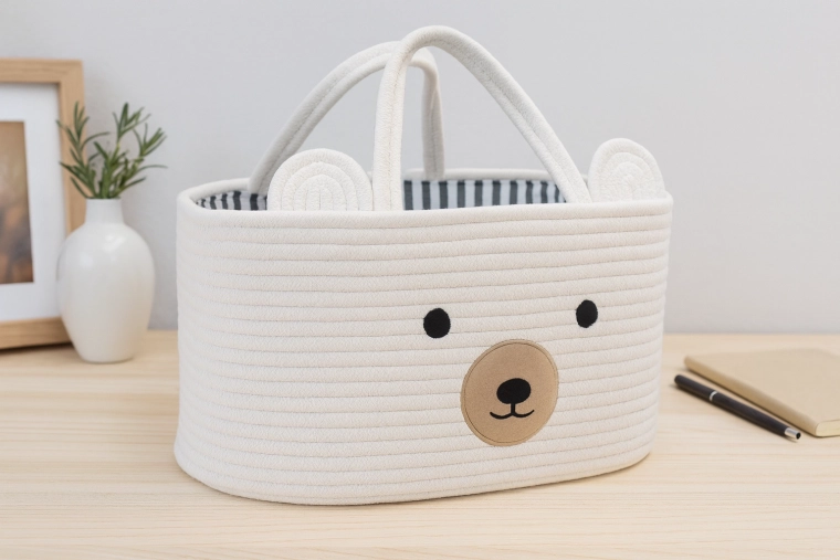 Cesta textil para juguetes con orejitas – organizador blanco con animalito 32 × 22 × 20 cm