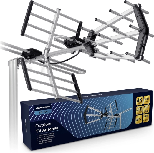Antena de TV exterior direccional BERDSEN para DVB-T/T2, 4K Ultra HD, VHF/UHF, filtro LTE, alcance 80 km