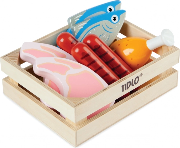 Caja de madera con carne y pescados Tidlo