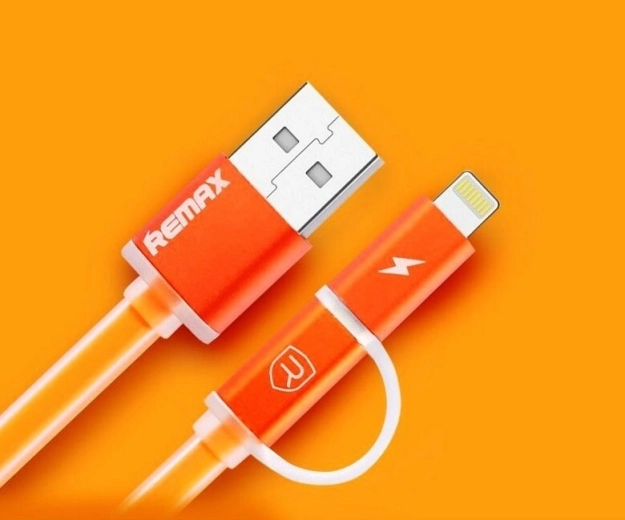 Remax Aurora cable de carga y datos 2 en 1 USB–Lightning/micro‑USB, naranja