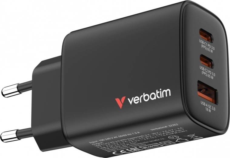 Verbatim Essentials GaN cargador de red 65 W (2× USB‑C, 1× USB‑A, PD 3.0/QC 3.0) – UE