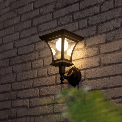 Lámpara de pared LED solar de 21 × 21 cm, 8 LED, negra, luz blanca cálida