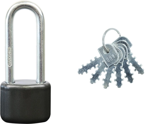 Candado colgante con grillete extendido, de acero, 6 llaves