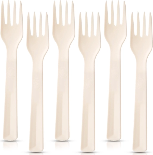 Tenedores de mesa de plástico color crema SANDY 18 cm, 6 uds
