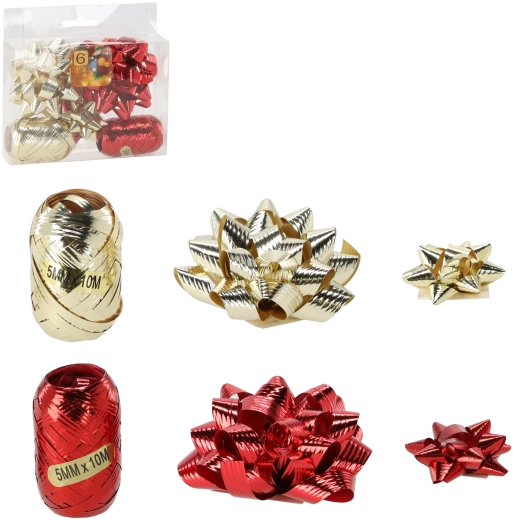 Set de envoltorio para regalo – dorado y rojo (2 cintas y 4 lazos)