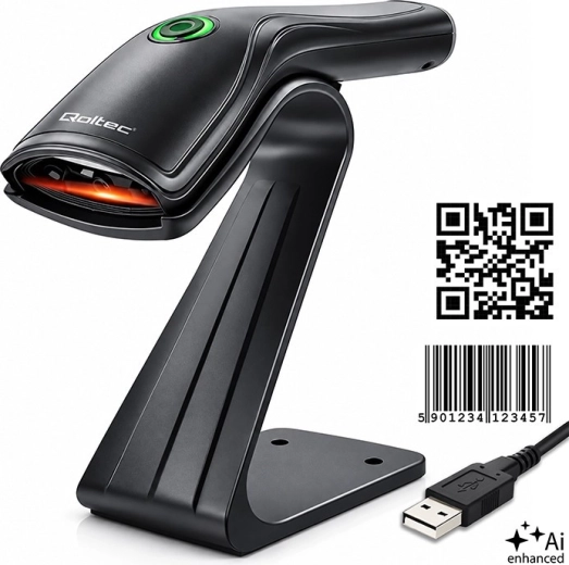 Lector de códigos de barras Qoltec 1D y 2D con soporte USB