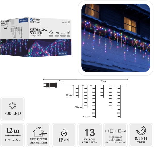 Cortina luminosa LED de carámbanos, 300 diodos, multicolor, 12 m