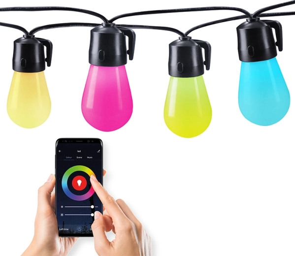 Cadena de luces LED inteligente para exteriores Solight RGB, 15 bombillas, Bluetooth, 20 m