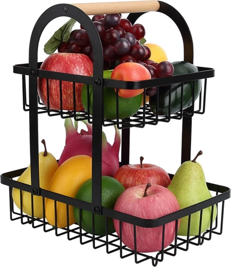 Cesta metálica de dos niveles para fruta con asa de madera - 1 unidad