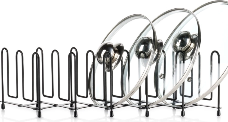 Soporte metálico extensible para tapas y platos, negro, 8–74 cm
