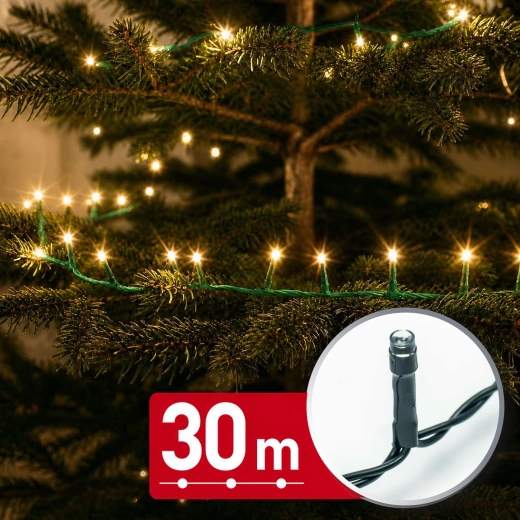 Guirnalda luminosa LED de 30 m con 600 LED, luz blanca cálida, cable verde