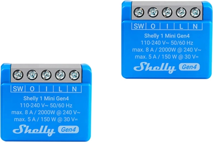 Set de controladores de relé miniatura Shelly 1 Mini Gen4 (2 uds) con Zigbee y Matter