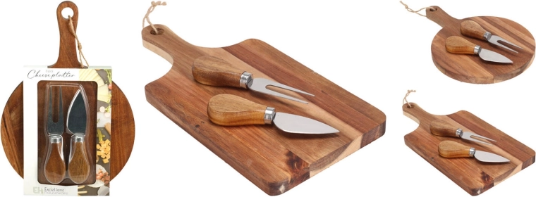 Tabla para queso con cuchillo y tenedor de acero inoxidable y acacia