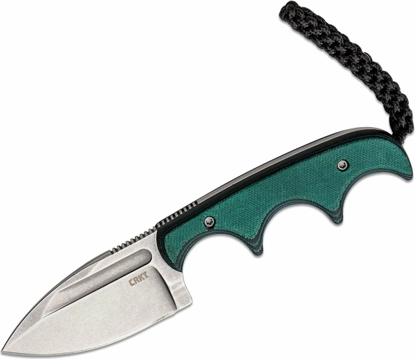 CRKT Minimalist Spear Point – cuchillo de cuello, stonewash, Micarta verde‑negra, 5,5 cm