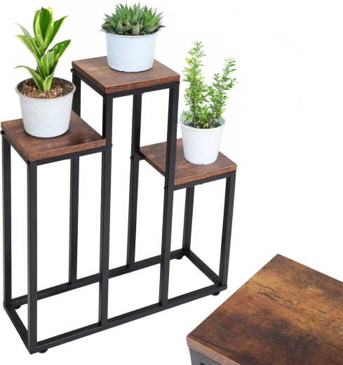 Soporte para flores metálico de tres niveles en acabado roble antiguo - 1 pieza