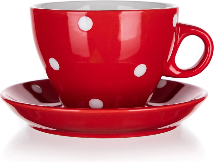 Taza de cerámica con plato 290 ml – roja con lunares