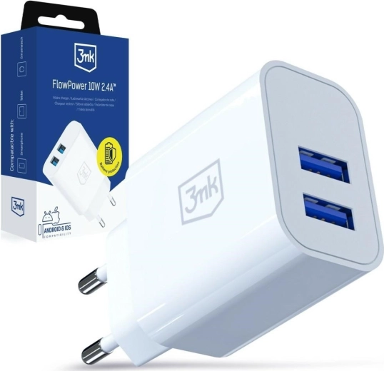 3MK FlowPower cargador de red 10 W, 2× USB-A, 2,4 A, blanco