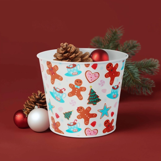 Macetero metálico navideño con motivo de pan de jengibre, 13 × 11 cm