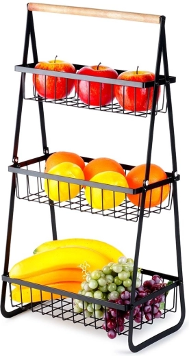 Frutero metálico de tres niveles, negro